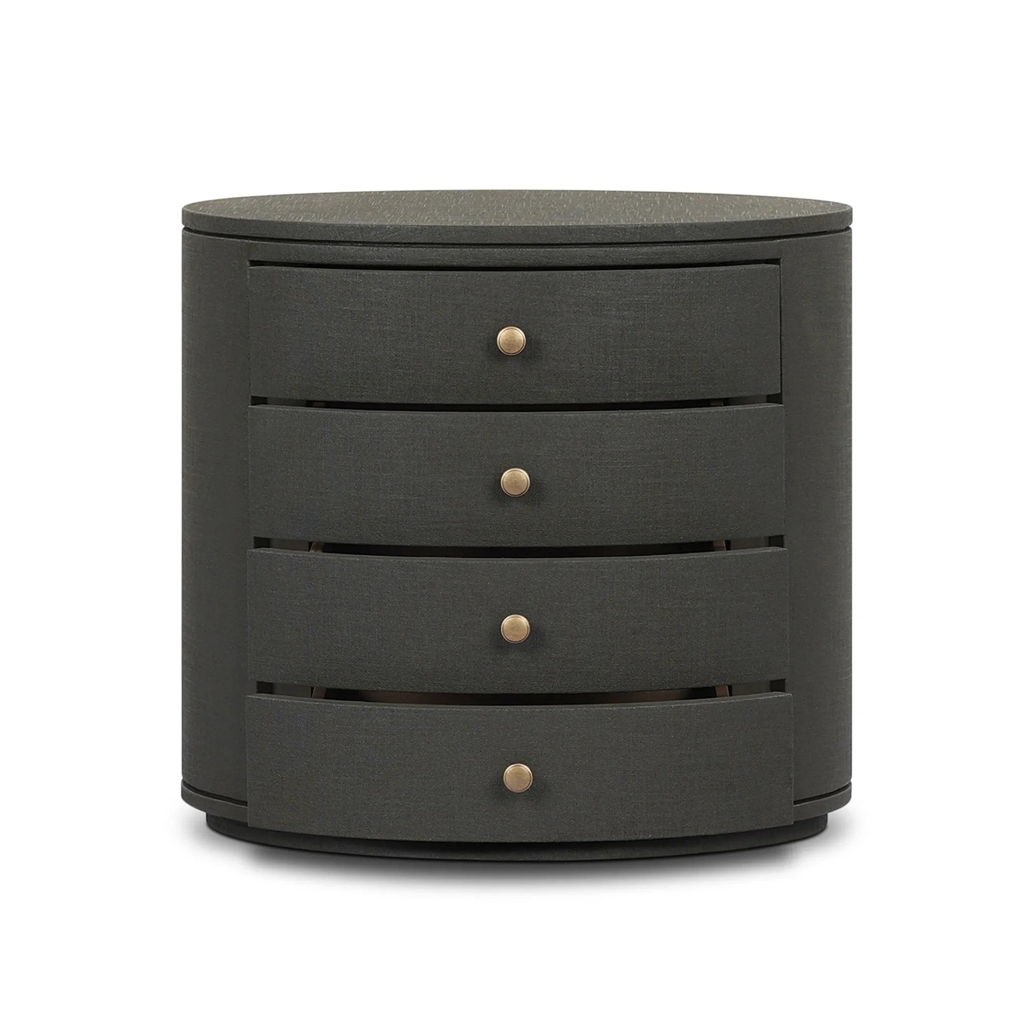Featuring Amelia Dark Green Lacquered Linen Oval Nightstand by Four Hands at Amethyst Home. Overall Dimensions: 26.00"w x 20.00"d x 24.00"hWeight : 87.08 lbsMaterials: Painted Linen. Amethyst Home provides interior design, new home construction design consulting, vintage area rugs, and lighting in the Laguna Beach metro area.