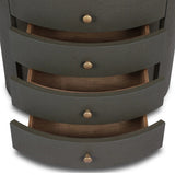 Featuring Amelia Dark Green Lacquered Linen Oval Nightstand by Four Hands at Amethyst Home. Overall Dimensions: 26.00"w x 20.00"d x 24.00"hWeight : 87.08 lbsMaterials: Painted Linen. Amethyst Home provides interior design, new home construction design consulting, vintage area rugs, and lighting in the Omaha metro area.