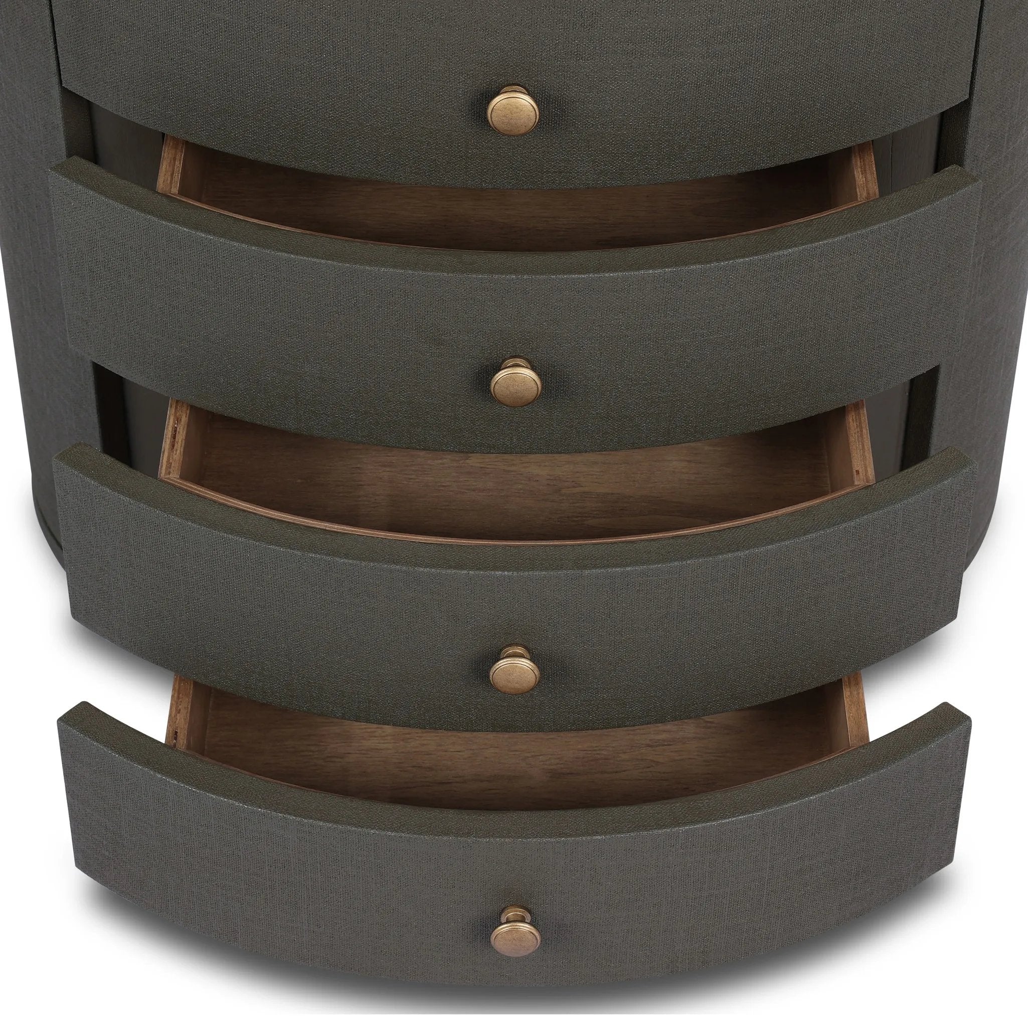 Featuring Amelia Dark Green Lacquered Linen Oval Nightstand by Four Hands at Amethyst Home. Overall Dimensions: 26.00"w x 20.00"d x 24.00"hWeight : 87.08 lbsMaterials: Painted Linen. Amethyst Home provides interior design, new home construction design consulting, vintage area rugs, and lighting in the Omaha metro area.