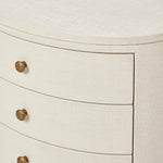 Featuring Amelia Ivory Painted Linen Oval Nightstand by Four Hands at Amethyst Home. Uniquely made from ivory-painted linen, a beautifully curved nightstand shapes four drawers for generous bedside storage.Overall Dimensions: 26.00"w x 20.00"d x 24.00"hWeight : 87.08 lbsMaterials: Painted Linen, Engineered Hardwood. Amethyst Home provides interior design, new home construction design consulting, vintage area rugs, and lighting in the Calabasas metro area.