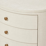 Featuring Amelia Ivory Painted Linen Oval Nightstand by Four Hands at Amethyst Home. Uniquely made from ivory-painted linen, a beautifully curved nightstand shapes four drawers for generous bedside storage.Overall Dimensions: 26.00"w x 20.00"d x 24.00"hWeight : 87.08 lbsMaterials: Painted Linen, Engineered Hardwood. Amethyst Home provides interior design, new home construction design consulting, vintage area rugs, and lighting in the Calabasas metro area.