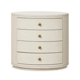 Featuring Amelia Ivory Painted Linen Oval Nightstand by Four Hands at Amethyst Home. Uniquely made from ivory-painted linen, a beautifully curved nightstand shapes four drawers for generous bedside storage.Overall Dimensions: 26.00"w x 20.00"d x 24.00"hWeight : 87.08 lbsMaterials: Painted Linen, Engineered Hardwood. Amethyst Home provides interior design, new home construction design consulting, vintage area rugs, and lighting in the Kansas City metro area.
