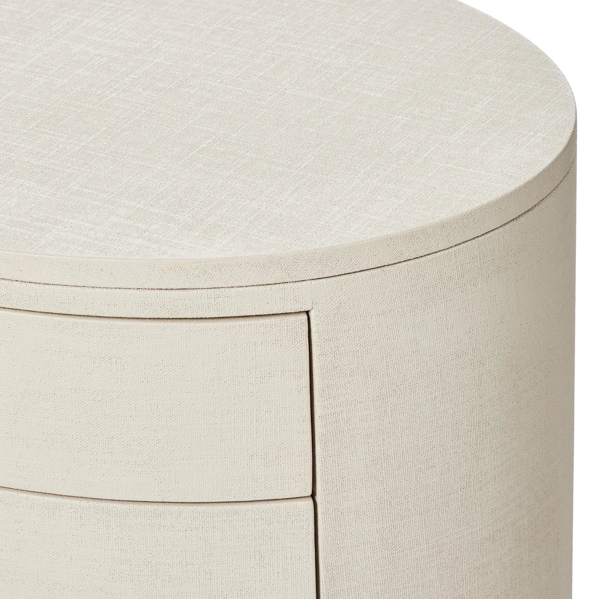 Featuring Amelia Ivory Painted Linen Oval Nightstand by Four Hands at Amethyst Home. Uniquely made from ivory-painted linen, a beautifully curved nightstand shapes four drawers for generous bedside storage.Overall Dimensions: 26.00"w x 20.00"d x 24.00"hWeight : 87.08 lbsMaterials: Painted Linen, Engineered Hardwood. Amethyst Home provides interior design, new home construction design consulting, vintage area rugs, and lighting in the Laguna Beach metro area.