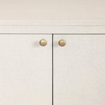 Uniquely made from ivory-painted linen, a beautifully curved sideboard gives shape to generous storage for dinnerware, linens and more Amethyst Home provides interior design, new home construction design consulting, vintage area rugs, and lighting in the Charlotte metro area.