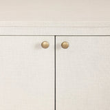 Uniquely made from ivory-painted linen, a beautifully curved sideboard gives shape to generous storage for dinnerware, linens and more Amethyst Home provides interior design, new home construction design consulting, vintage area rugs, and lighting in the Charlotte metro area.