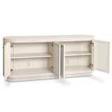 Uniquely made from ivory-painted linen, a beautifully curved sideboard gives shape to generous storage for dinnerware, linens and more Amethyst Home provides interior design, new home construction design consulting, vintage area rugs, and lighting in the Monterey metro area.