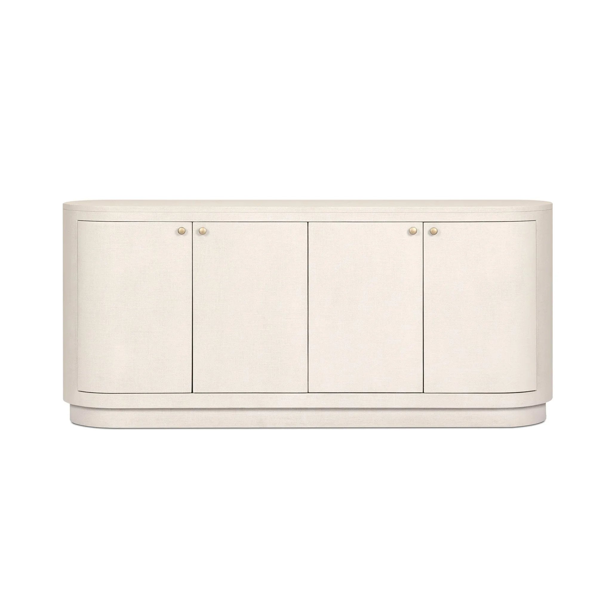 Uniquely made from ivory-painted linen, a beautifully curved sideboard gives shape to generous storage for dinnerware, linens and more Amethyst Home provides interior design, new home construction design consulting, vintage area rugs, and lighting in the Nashville metro area.