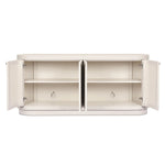 Uniquely made from ivory-painted linen, a beautifully curved sideboard gives shape to generous storage for dinnerware, linens and more Amethyst Home provides interior design, new home construction design consulting, vintage area rugs, and lighting in the Omaha metro area.