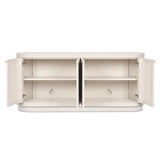 Uniquely made from ivory-painted linen, a beautifully curved sideboard gives shape to generous storage for dinnerware, linens and more Amethyst Home provides interior design, new home construction design consulting, vintage area rugs, and lighting in the Omaha metro area.