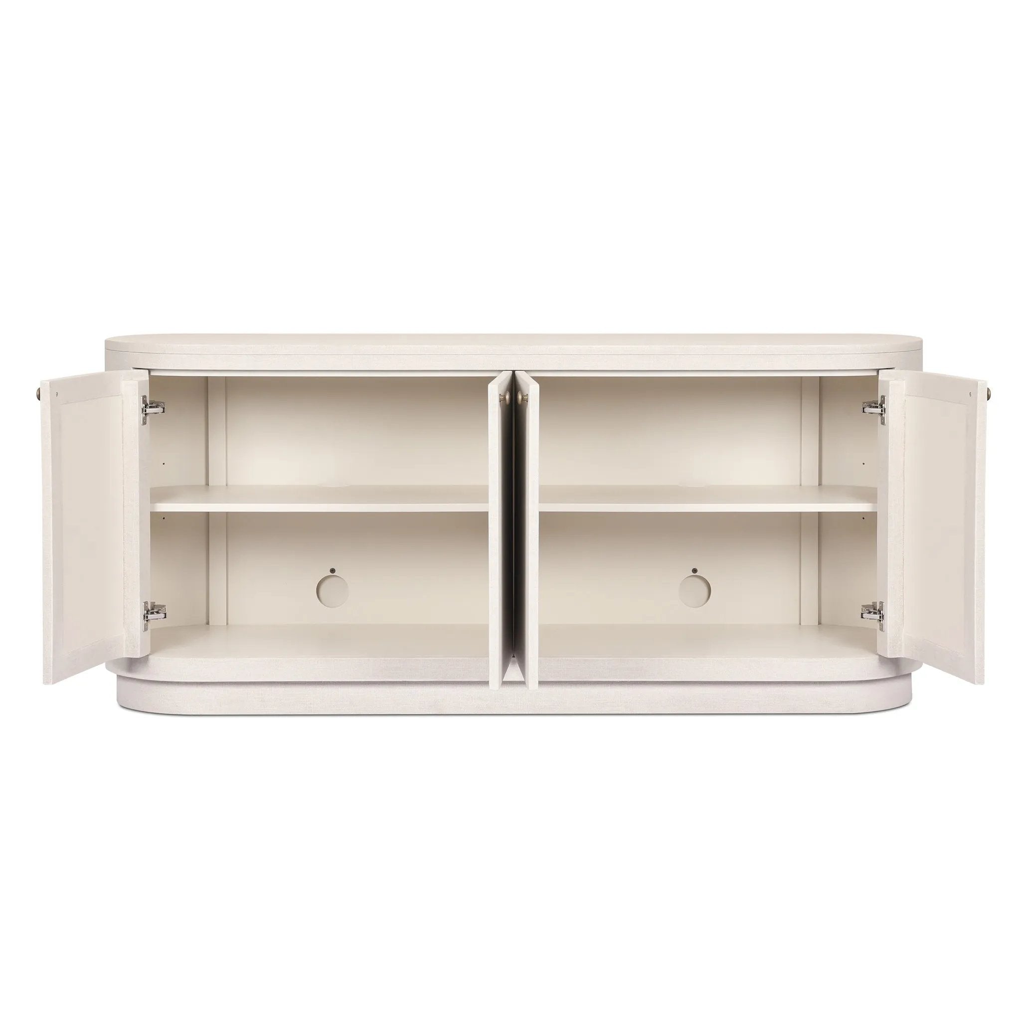 Uniquely made from ivory-painted linen, a beautifully curved sideboard gives shape to generous storage for dinnerware, linens and more Amethyst Home provides interior design, new home construction design consulting, vintage area rugs, and lighting in the Omaha metro area.