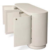 Uniquely made from ivory-painted linen, a beautifully curved sideboard gives shape to generous storage for dinnerware, linens and more Amethyst Home provides interior design, new home construction design consulting, vintage area rugs, and lighting in the Salt Lake City metro area.