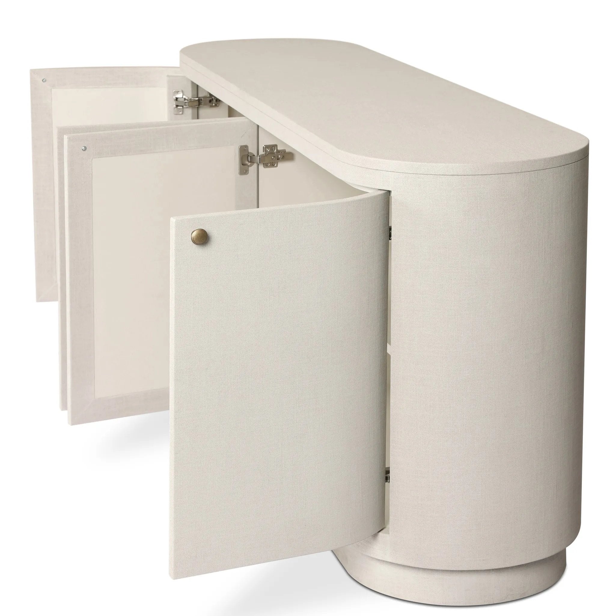 Uniquely made from ivory-painted linen, a beautifully curved sideboard gives shape to generous storage for dinnerware, linens and more Amethyst Home provides interior design, new home construction design consulting, vintage area rugs, and lighting in the Salt Lake City metro area.