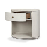 Uniquely made from ivory-painted linen, a beautifully curved nightstand shapes a single drawer and an open cubby for generous bedside storage Amethyst Home provides interior design, new home construction design consulting, vintage area rugs, and lighting in the Alpharetta metro area.