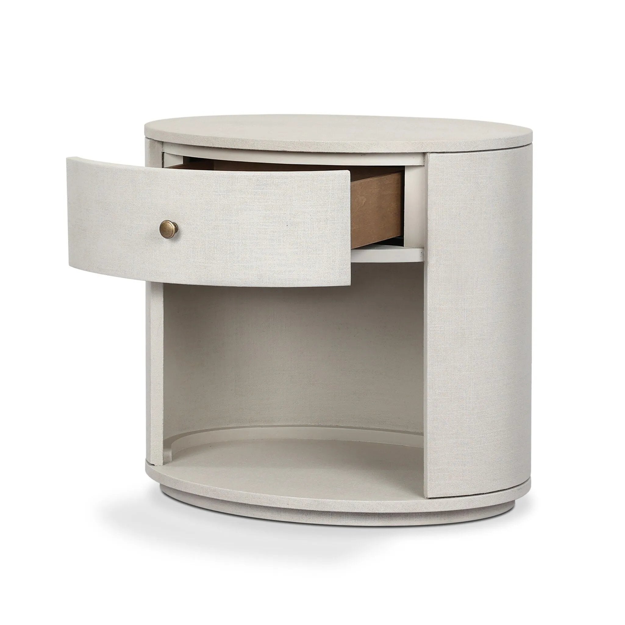 Uniquely made from ivory-painted linen, a beautifully curved nightstand shapes a single drawer and an open cubby for generous bedside storage Amethyst Home provides interior design, new home construction design consulting, vintage area rugs, and lighting in the Alpharetta metro area.