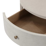 Uniquely made from ivory-painted linen, a beautifully curved nightstand shapes a single drawer and an open cubby for generous bedside storage Amethyst Home provides interior design, new home construction design consulting, vintage area rugs, and lighting in the Dallas metro area.