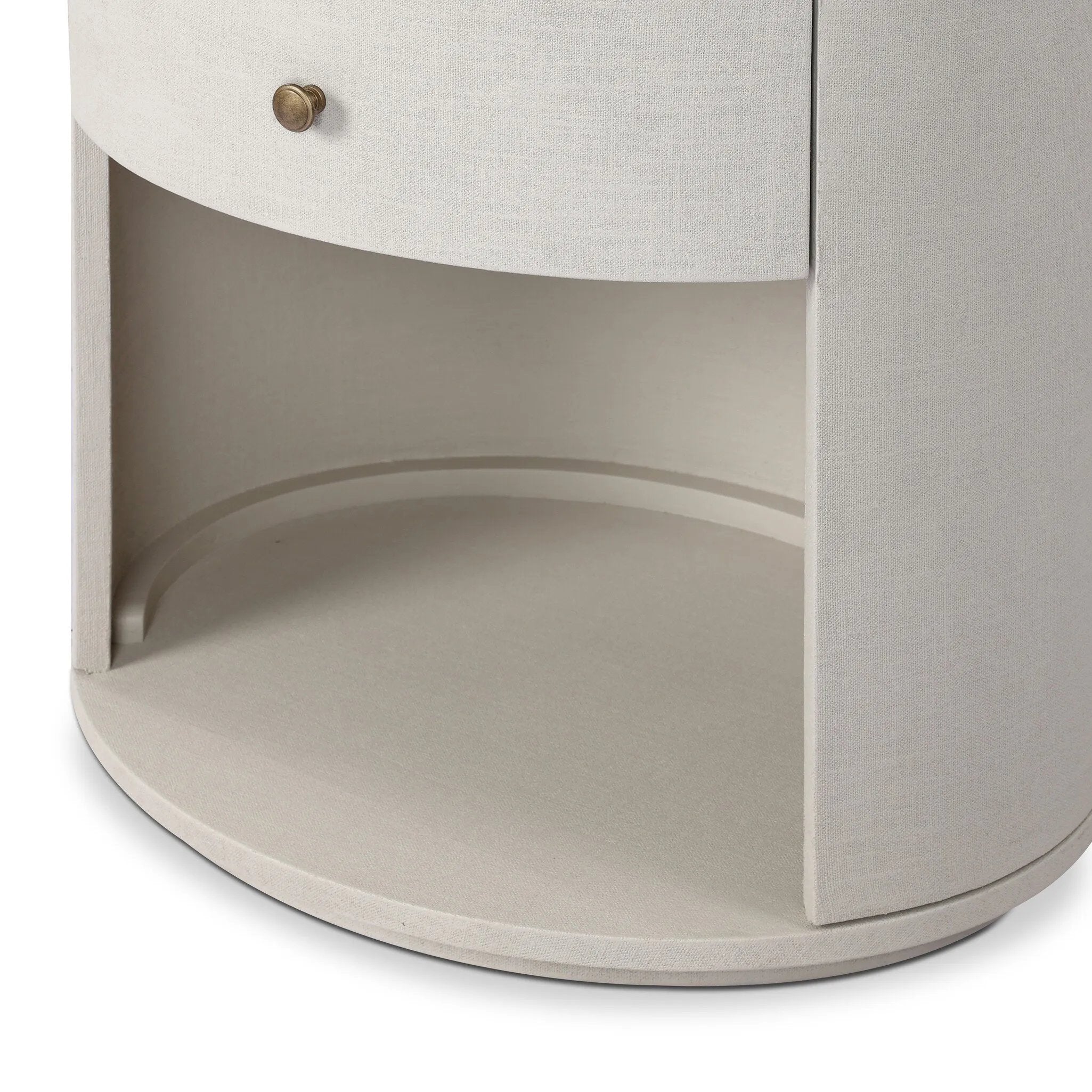 Uniquely made from ivory-painted linen, a beautifully curved nightstand shapes a single drawer and an open cubby for generous bedside storage Amethyst Home provides interior design, new home construction design consulting, vintage area rugs, and lighting in the Des Moines metro area.