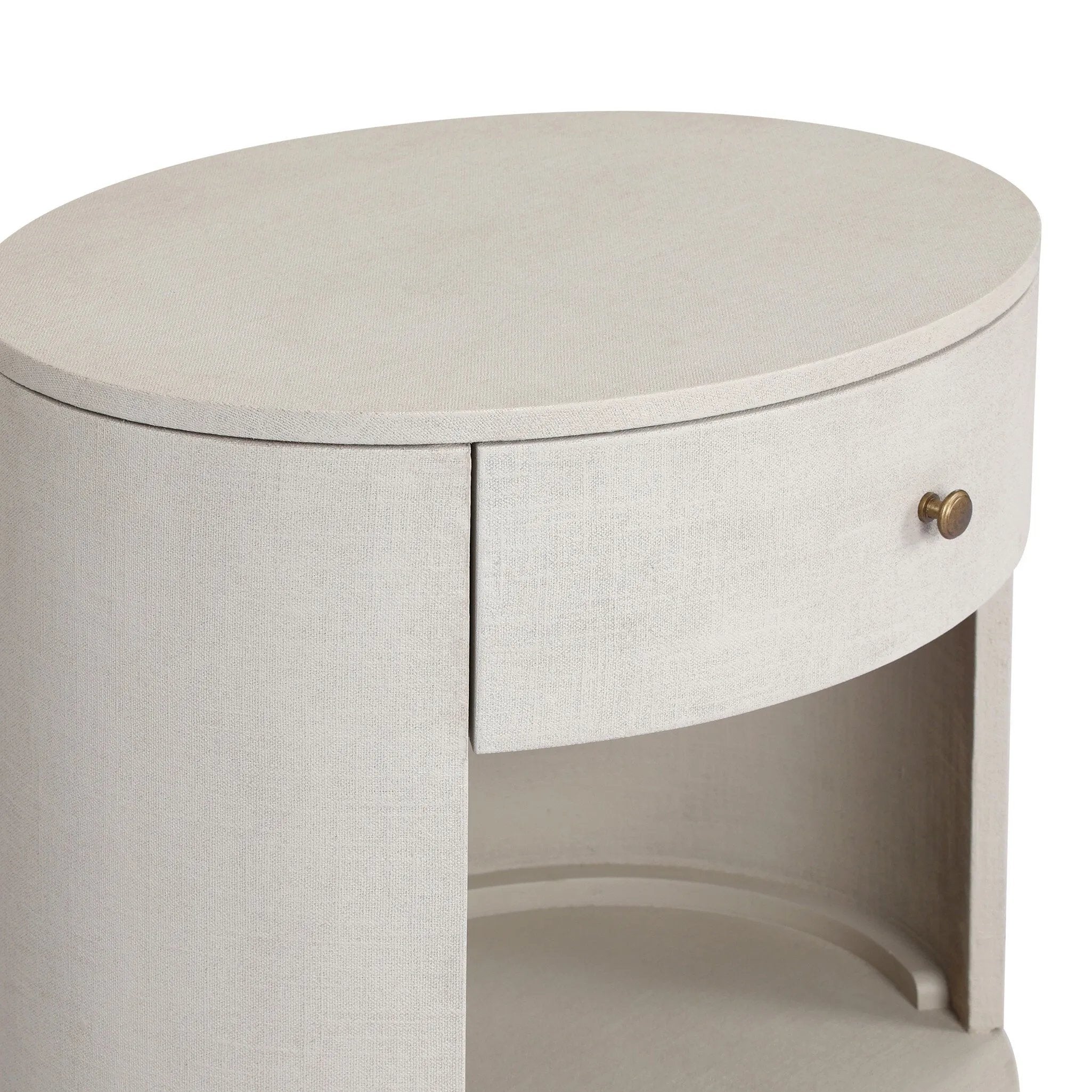 Uniquely made from ivory-painted linen, a beautifully curved nightstand shapes a single drawer and an open cubby for generous bedside storage Amethyst Home provides interior design, new home construction design consulting, vintage area rugs, and lighting in the Los Angeles metro area.