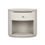 Uniquely made from ivory-painted linen, a beautifully curved nightstand shapes a single drawer and an open cubby for generous bedside storage Amethyst Home provides interior design, new home construction design consulting, vintage area rugs, and lighting in the Park City metro area.