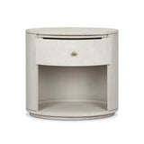 Uniquely made from ivory-painted linen, a beautifully curved nightstand shapes a single drawer and an open cubby for generous bedside storage Amethyst Home provides interior design, new home construction design consulting, vintage area rugs, and lighting in the Park City metro area.