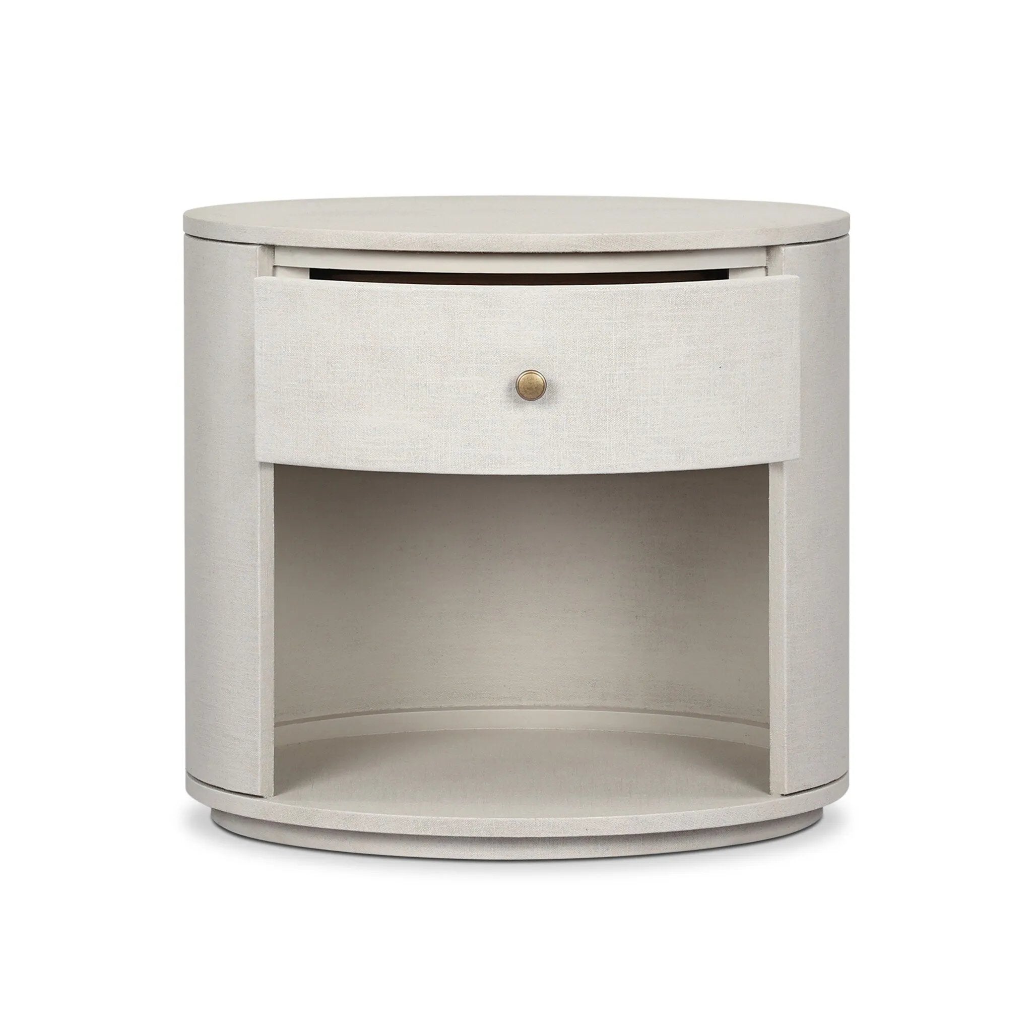 Uniquely made from ivory-painted linen, a beautifully curved nightstand shapes a single drawer and an open cubby for generous bedside storage Amethyst Home provides interior design, new home construction design consulting, vintage area rugs, and lighting in the Park City metro area.