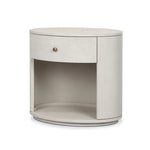 Uniquely made from ivory-painted linen, a beautifully curved nightstand shapes a single drawer and an open cubby for generous bedside storage Amethyst Home provides interior design, new home construction design consulting, vintage area rugs, and lighting in the San Diego metro area.