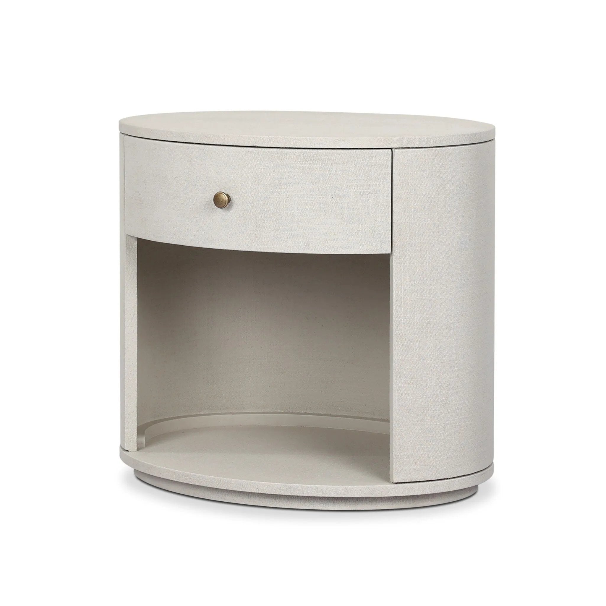 Uniquely made from ivory-painted linen, a beautifully curved nightstand shapes a single drawer and an open cubby for generous bedside storage Amethyst Home provides interior design, new home construction design consulting, vintage area rugs, and lighting in the San Diego metro area.