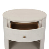 Uniquely made from ivory-painted linen, a beautifully curved nightstand shapes a single drawer and an open cubby for generous bedside storage Amethyst Home provides interior design, new home construction design consulting, vintage area rugs, and lighting in the Washington metro area.