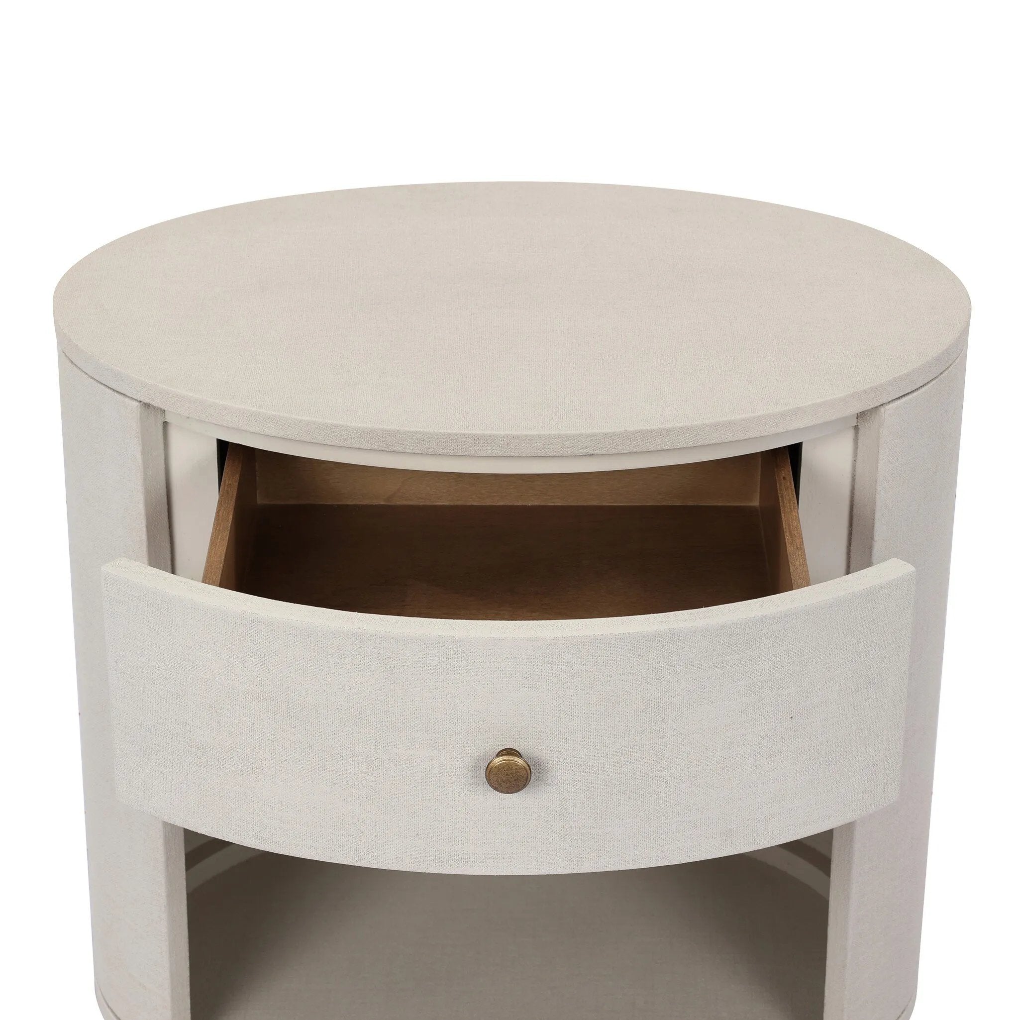 Uniquely made from ivory-painted linen, a beautifully curved nightstand shapes a single drawer and an open cubby for generous bedside storage Amethyst Home provides interior design, new home construction design consulting, vintage area rugs, and lighting in the Washington metro area.