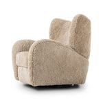 Relax into the curved arms and subtle wingback shape of this classic reading chair, featuring a reclining mechanism for ultimate comfort. Upholstered in an ethically sourced, natural beige shearling for extra comfort and texture. Crafted with S-spring suspension, a loose cushion and hidden legs beneath. Amethyst Home provides interior design, new home construction design consulting, vintage area rugs, and lighting in the Monterey metro area.