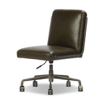 This armless desk chair adds a clean, sleek touch to any workspace. Dark olive top-grain leather paired with a gunmetal 360-degree swivel base and accents allows the simple piece to stand out.As fans of modern style at Amethyst, we love the designer inspired Amos Armless Desk Chair - Dulane Moss. Amethyst Home provides interior design, new home construction design consulting, vintage area rugs, and lighting in the Houston metro area.