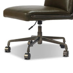 This armless desk chair adds a clean, sleek touch to any workspace. Dark olive top-grain leather paired with a gunmetal 360-degree swivel base and accents allows the simple piece to stand out.As fans of modern style at Amethyst, we love the designer inspired Amos Armless Desk Chair - Dulane Moss. Amethyst Home provides interior design, new home construction design consulting, vintage area rugs, and lighting in the Kansas City metro area.