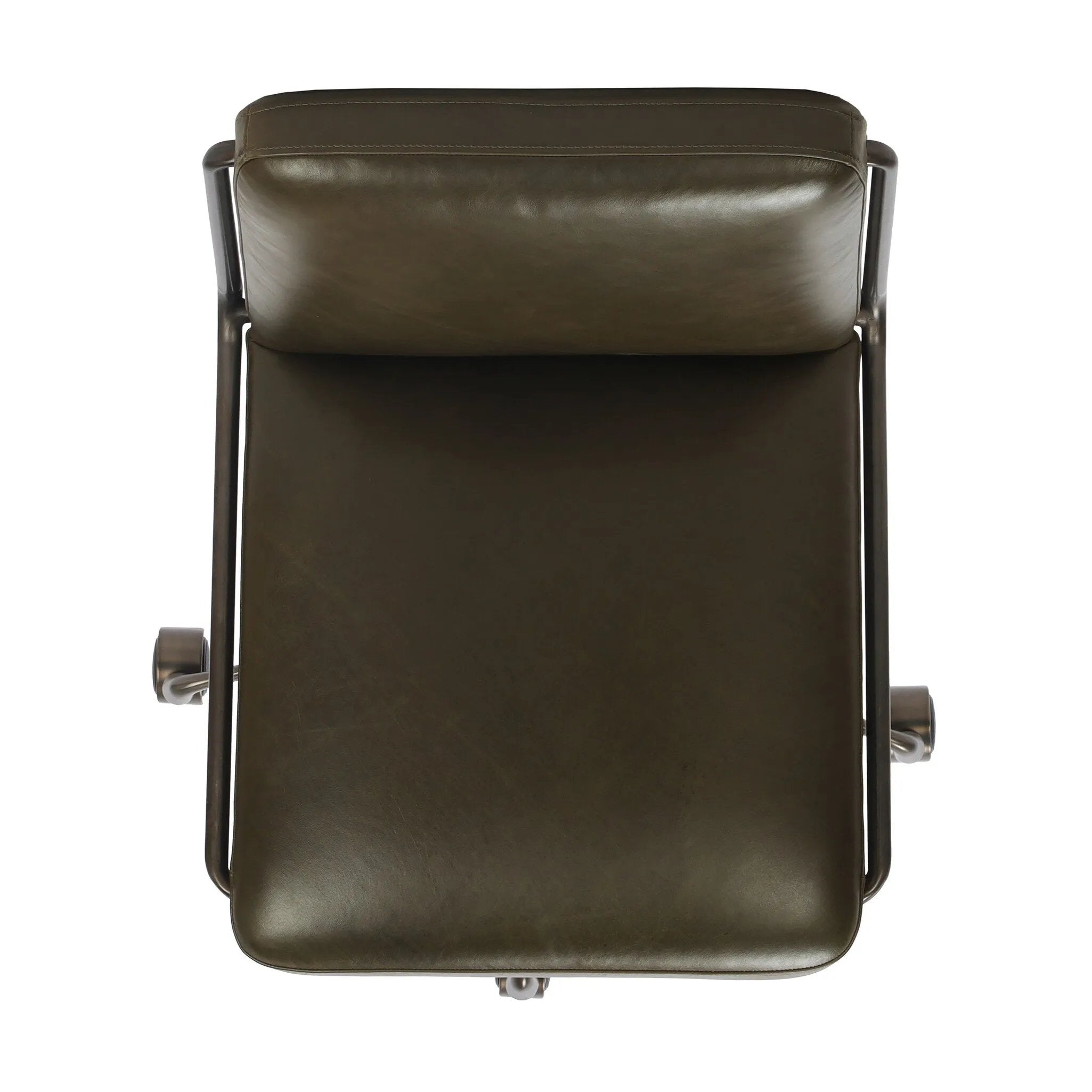 This armless desk chair adds a clean, sleek touch to any workspace. Dark olive top-grain leather paired with a gunmetal 360-degree swivel base and accents allows the simple piece to stand out.As fans of modern style at Amethyst, we love the designer inspired Amos Armless Desk Chair - Dulane Moss. Amethyst Home provides interior design, new home construction design consulting, vintage area rugs, and lighting in the Newport Beach metro area.