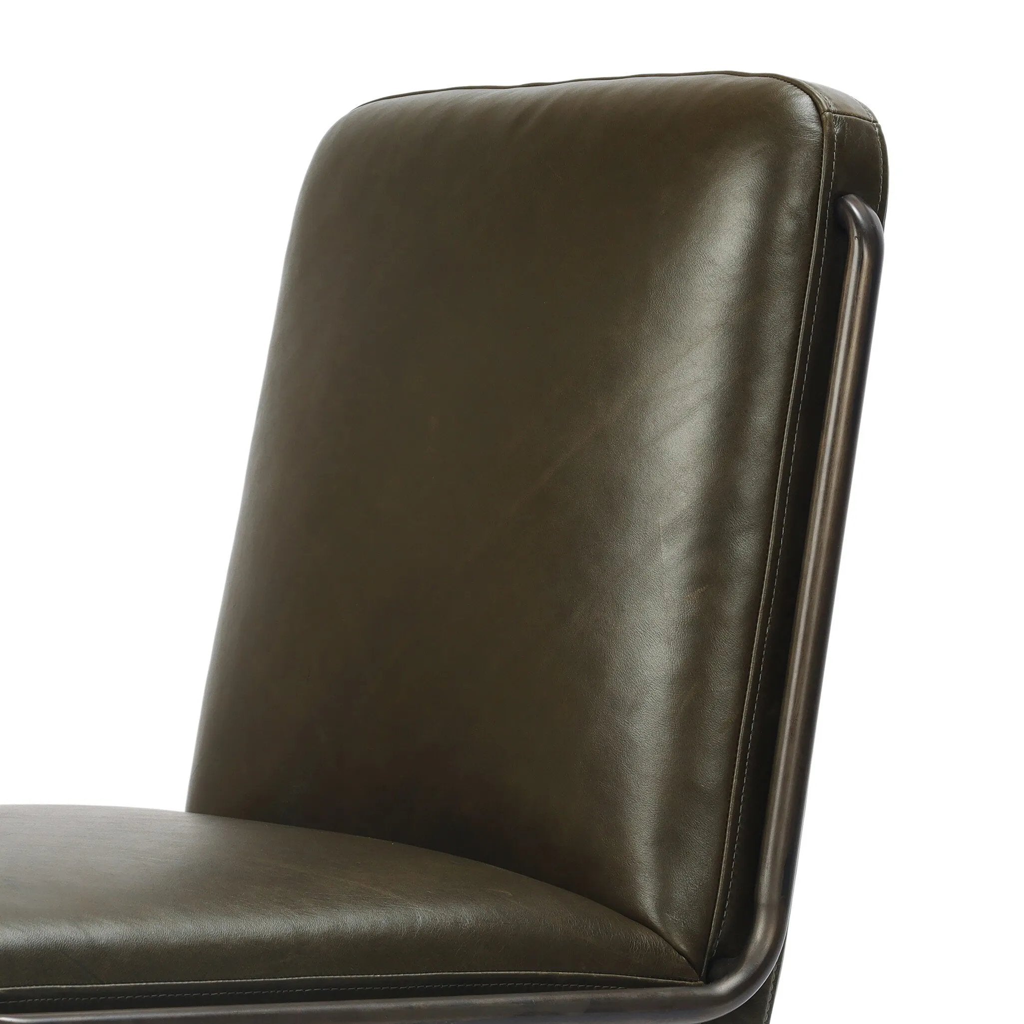 This armless desk chair adds a clean, sleek touch to any workspace. Dark olive top-grain leather paired with a gunmetal 360-degree swivel base and accents allows the simple piece to stand out.As fans of modern style at Amethyst, we love the designer inspired Amos Armless Desk Chair - Dulane Moss. Amethyst Home provides interior design, new home construction design consulting, vintage area rugs, and lighting in the San Diego metro area.