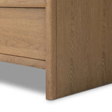 Crafted from sandy solid oak in a waterfall silhouette, this dresser adds a touch of contemporary simplicity to your bedroom. A bullnose edge and oval iron drawer pulls add variety.As lovers of natural design at Amethyst, we love the designer inspired Analisa 6 Drawer Dresser - Sandy Oak. Amethyst Home provides interior design, new home construction design consulting, vintage area rugs, and lighting in the Dallas metro area.