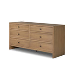 Crafted from sandy solid oak in a waterfall silhouette, this dresser adds a touch of contemporary simplicity to your bedroom. A bullnose edge and oval iron drawer pulls add variety.As lovers of natural design at Amethyst, we love the designer inspired Analisa 6 Drawer Dresser - Sandy Oak. Amethyst Home provides interior design, new home construction design consulting, vintage area rugs, and lighting in the Des Moines metro area.