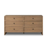 Crafted from sandy solid oak in a waterfall silhouette, this dresser adds a touch of contemporary simplicity to your bedroom. A bullnose edge and oval iron drawer pulls add variety.As lovers of natural design at Amethyst, we love the designer inspired Analisa 6 Drawer Dresser - Sandy Oak. Amethyst Home provides interior design, new home construction design consulting, vintage area rugs, and lighting in the Monterey metro area.