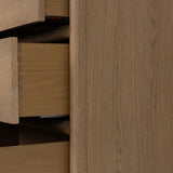 Crafted from sandy solid oak in a waterfall silhouette, this dresser adds a touch of contemporary simplicity to your bedroom. A bullnose edge and oval iron drawer pulls add variety.As lovers of natural design at Amethyst, we love the designer inspired Analisa 6 Drawer Dresser - Sandy Oak. Amethyst Home provides interior design, new home construction design consulting, vintage area rugs, and lighting in the Portland metro area.