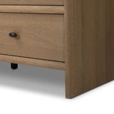 Crafted from sandy solid oak in a waterfall silhouette, this storage-driven dresser adds a touch of contemporary simplicity to your bedroom. A bullnose edge and oval iron drawer pulls add variety.As enthusiasts of modern design at Amethyst, we love the designer inspired Analisa 9 Drawer Dresser - Sandy Oak. Amethyst Home provides interior design, new home construction design consulting, vintage area rugs, and lighting in the Calabasas metro area.
