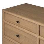 Crafted from sandy solid oak in a waterfall silhouette, this storage-driven dresser adds a touch of contemporary simplicity to your bedroom. A bullnose edge and oval iron drawer pulls add variety.As enthusiasts of modern design at Amethyst, we love the designer inspired Analisa 9 Drawer Dresser - Sandy Oak. Amethyst Home provides interior design, new home construction design consulting, vintage area rugs, and lighting in the Nashville metro area.