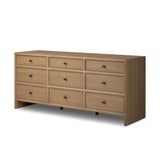 Crafted from sandy solid oak in a waterfall silhouette, this storage-driven dresser adds a touch of contemporary simplicity to your bedroom. A bullnose edge and oval iron drawer pulls add variety.As enthusiasts of modern design at Amethyst, we love the designer inspired Analisa 9 Drawer Dresser - Sandy Oak. Amethyst Home provides interior design, new home construction design consulting, vintage area rugs, and lighting in the Omaha metro area.