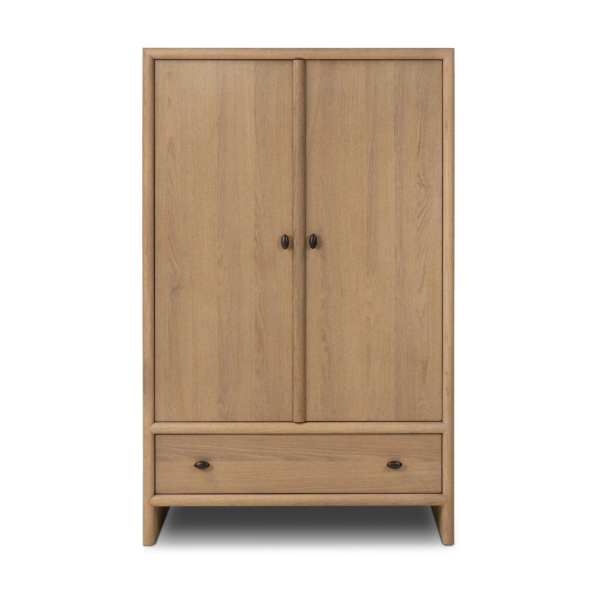 Crafted from sandy solid oak in a waterfall silhouette, this armoire adds a touch of contemporary simplicity to your bedroom. Double doors open to spacious shelving, complemented by a bottom drawer for extra storage. The piece’s bullnose edge and oval iron hardware add variety. Amethyst Home provides interior design, new home construction design consulting, vintage area rugs, and lighting in the Monterey metro area.
