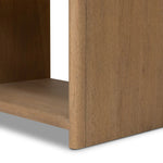 Crafted from sandy solid oak in a waterfall silhouette, this nightstand adds a touch of contemporary simplicity to the bedside. Stack your favorite books on a spacious bottom shelf. The piece’s bullnose edge and oval iron drawer pull add variety. Amethyst Home provides interior design, new home construction design consulting, vintage area rugs, and lighting in the Houston metro area.