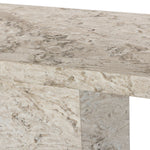 Monolithic and bold, this pedestal-style console table is constructed of precisely cut, creamy brown marble. Angular edges and cut corners bring smooth surface transitions for subtle visual and geometric intrigue Amethyst Home provides interior design, new home construction design consulting, vintage area rugs, and lighting in the Houston metro area.