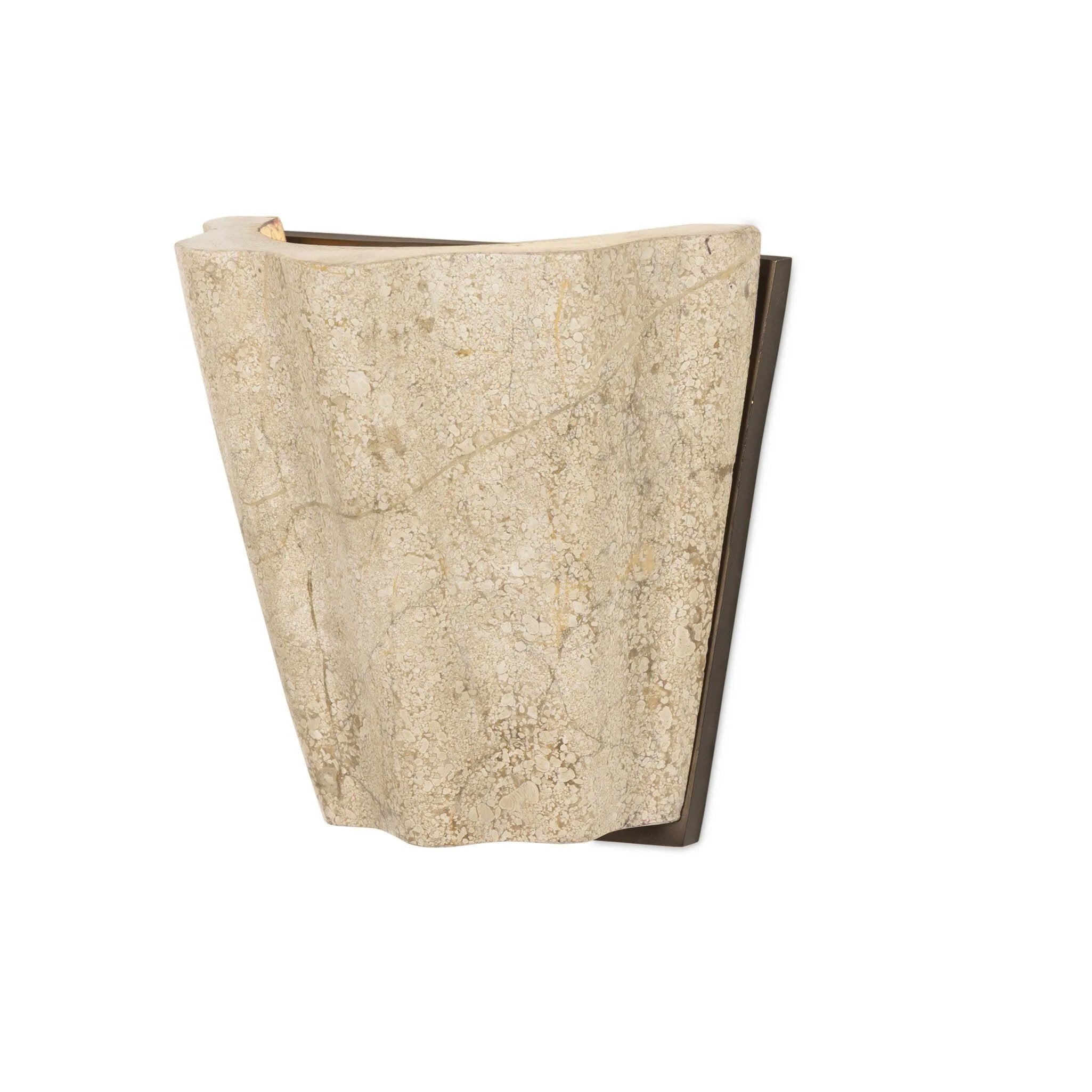 Turned Italian marble in a curved scalloped shape directs the light beautifully. The sculpted stone's organic tones and brushed brass iron back plating make for high-quality, décor-driven detail Amethyst Home provides interior design, new home construction design consulting, vintage area rugs, and lighting in the Park City metro area.