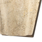 Turned Italian marble in a curved scalloped shape directs the light beautifully. The sculpted stone's organic tones and brushed brass iron back plating make for high-quality, décor-driven detail Amethyst Home provides interior design, new home construction design consulting, vintage area rugs, and lighting in the Scottsdale metro area.