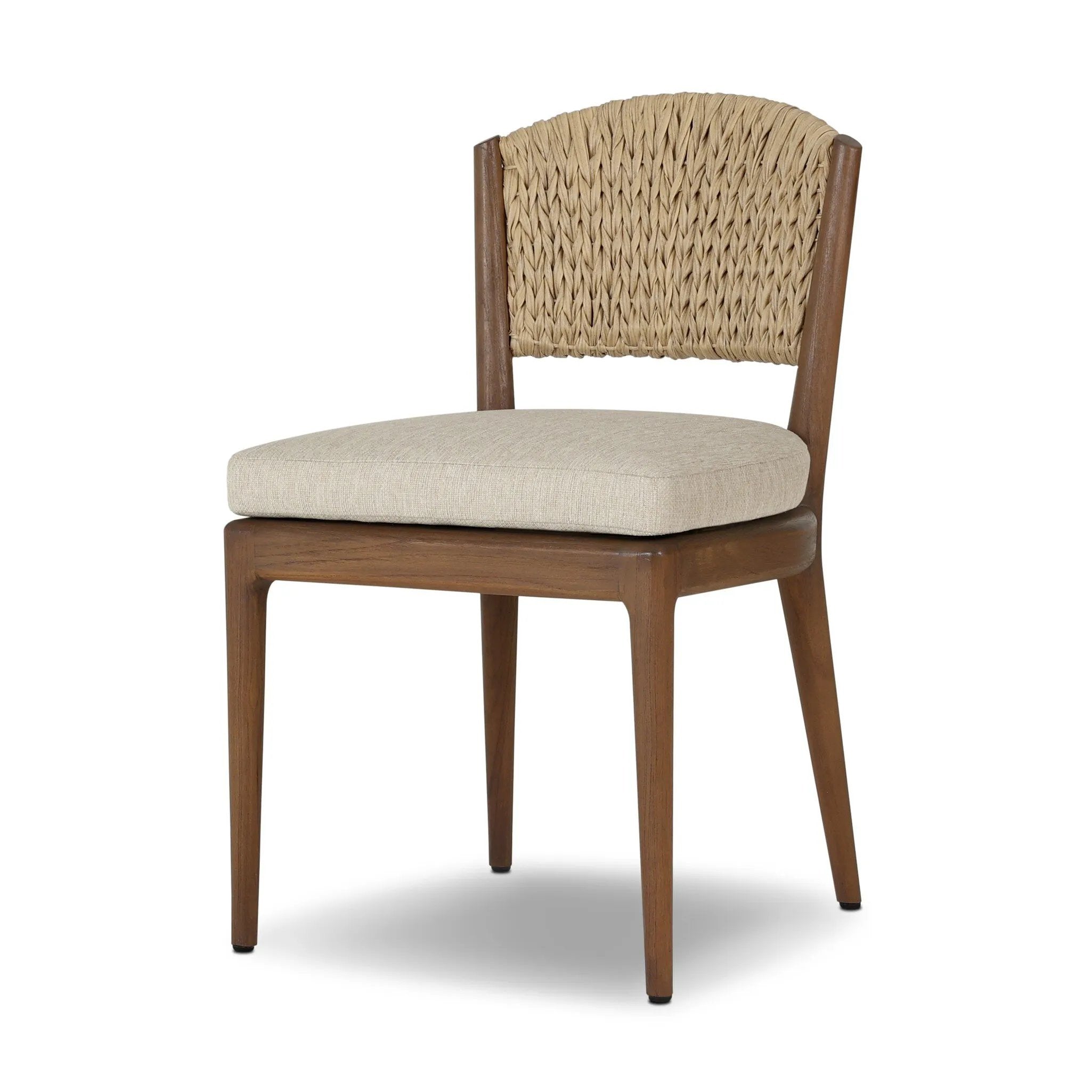 A fresh take on the traditional woven style, this outdoor dining chair features a faux banana leaf material wrapped in a bold, chunky texture around FSC®-certified teak framing. Cover or store indoors during inclement weather and when not in use. Amethyst Home provides interior design, new home construction design consulting, vintage area rugs, and lighting in the Miami metro area.