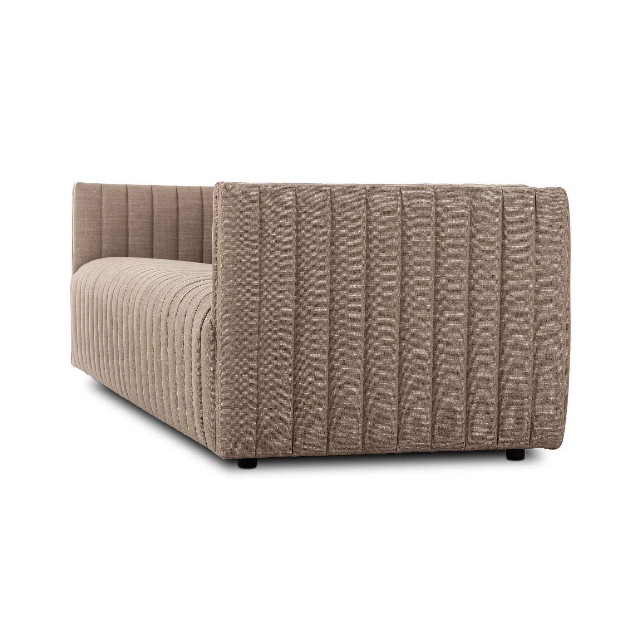 Featuring Augustine Crypton Nomad Taupe Sofa by Four Hands at Amethyst Home. Velvety poly-blend seating takes on dramatic channeling and rich navy hue for trend-forward texture and sumptuous sit.88"Overall Dimensions: 88.00"w x 35.00"d x 26.50"hWeight: 105.82 lbs97"Overall Dimensions: 97.00"w x 35.00"d x 26.50"hWeight: 123.02 lbsMaterials: 92% Polyester, 8%. Amethyst Home provides interior design, new home construction design consulting, vintage area rugs, and lighting in the Calabasas metro area.