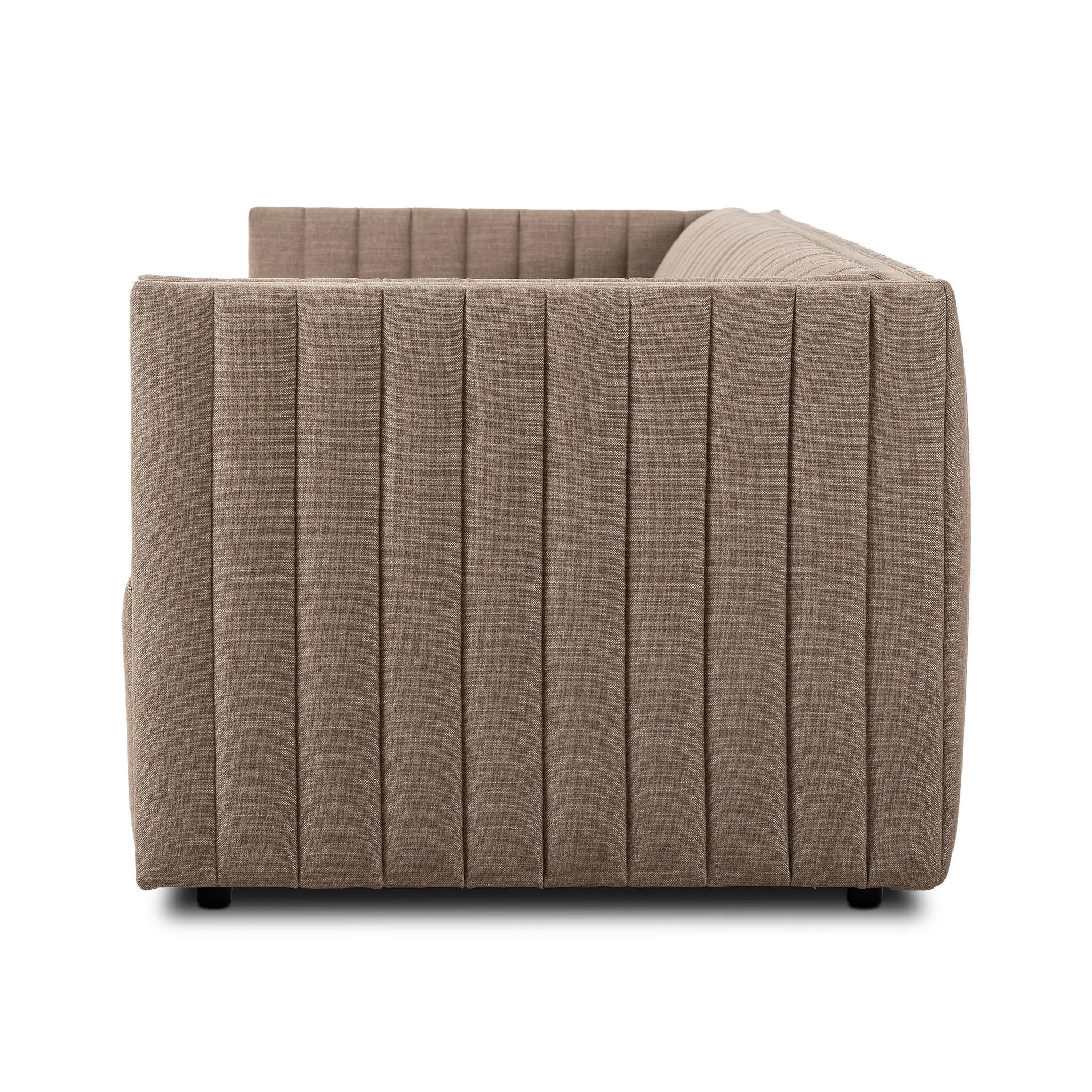 Featuring Augustine Crypton Nomad Taupe Sofa by Four Hands at Amethyst Home. Velvety poly-blend seating takes on dramatic channeling and rich navy hue for trend-forward texture and sumptuous sit.88"Overall Dimensions: 88.00"w x 35.00"d x 26.50"hWeight: 105.82 lbs97"Overall Dimensions: 97.00"w x 35.00"d x 26.50"hWeight: 123.02 lbsMaterials: 92% Polyester, 8% F. Amethyst Home provides interior design, new home construction design consulting, vintage area rugs, and lighting in the Houston metro area.
