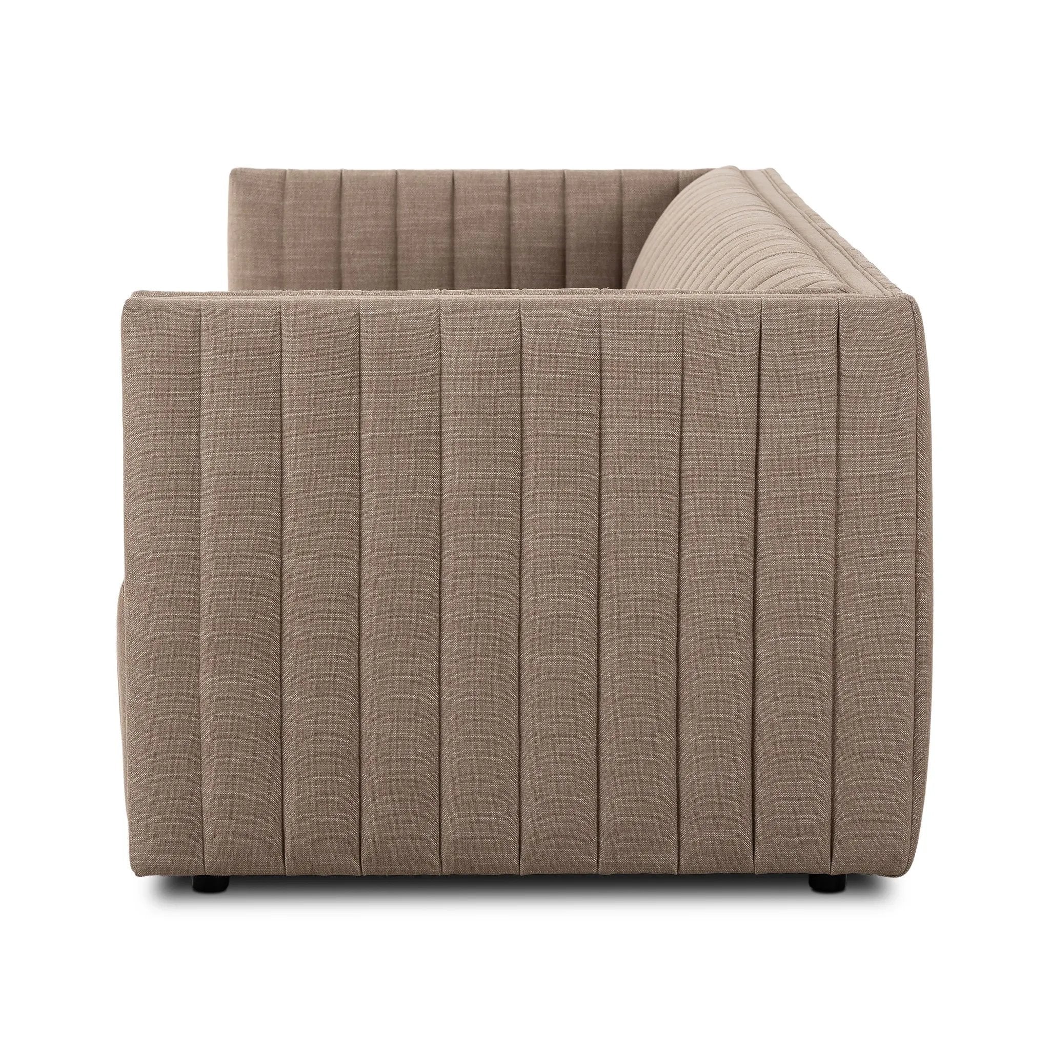 Featuring Augustine Crypton Nomad Taupe Sofa by Four Hands at Amethyst Home. Velvety poly-blend seating takes on dramatic channeling and rich navy hue for trend-forward texture and sumptuous sit.88"Overall Dimensions: 88.00"w x 35.00"d x 26.50"hWeight: 105.82 lbs97"Overall Dimensions: 97.00"w x 35.00"d x 26.50"hWeight: 123.02 lbsMaterials: 92% Polyester, 8%. Amethyst Home provides interior design, new home construction design consulting, vintage area rugs, and lighting in the San Diego metro area.