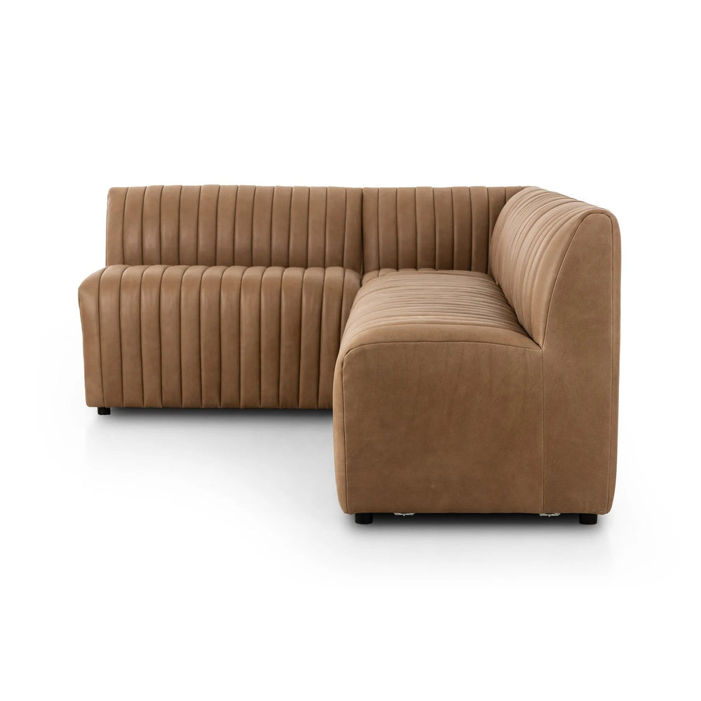 Featuring Augustine Palermo Drift Dining Banquette L Shape 100" by Four Hands at Amethyst Home. Welcome to your new favorite nook for morning coffee. An L-shaped dining banquette is upholstered in tan top-grain leather with a beautifully pronounced grain and dramatic channeling for a linear look. Perfectly sized for smaller spaces.Overall Dimensions: 100.00". Amethyst Home provides interior design, new home construction design consulting, vintage area rugs, and lighting in the Monterey metro area.